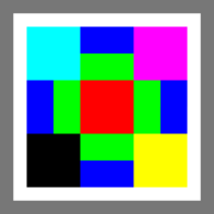 This is the logo of ponderplots.pro. It is a white square enclosing a slightly smaller square, which is itself a collection of smaller squares and rectangles of varying colors. The colors are simply red, green, blue, cyan, magenta, yellow, and black.